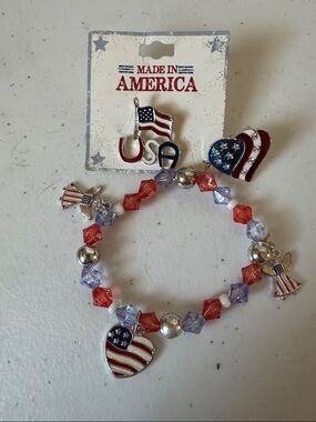 Patriotic Red, White & Blue Beaded Heart Charm Bracelet & Tie Tac Pins